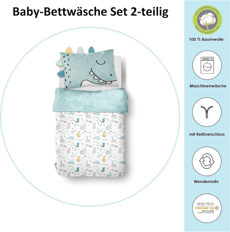 Familando Baby-Bettwäsche mit Ohren/Stacheln 100x135 40x60 cm · Dino Bettwäsche Hellblau für Kleinki