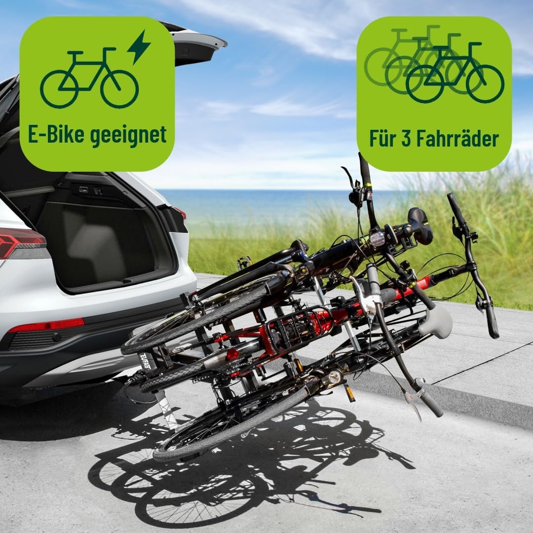 EUFAB 11555 Fahrradträger AMBER 3, E-Bike geeignet, teilweise vormontiert, Diebstahlschutz, für 3 Fa