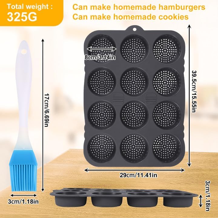 Burger Buns Backform Silikon, 12 Loch Form FüR HamburgerbröTchen Antihaft BröTchen Backform Rund 8Cm