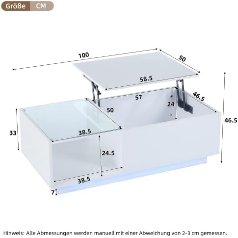 Merax Couchtisch mit Smart LED-Beleuchtung, App-Steuerung, Anhebbarer Tischplatte, Hochglanz-Oberflä