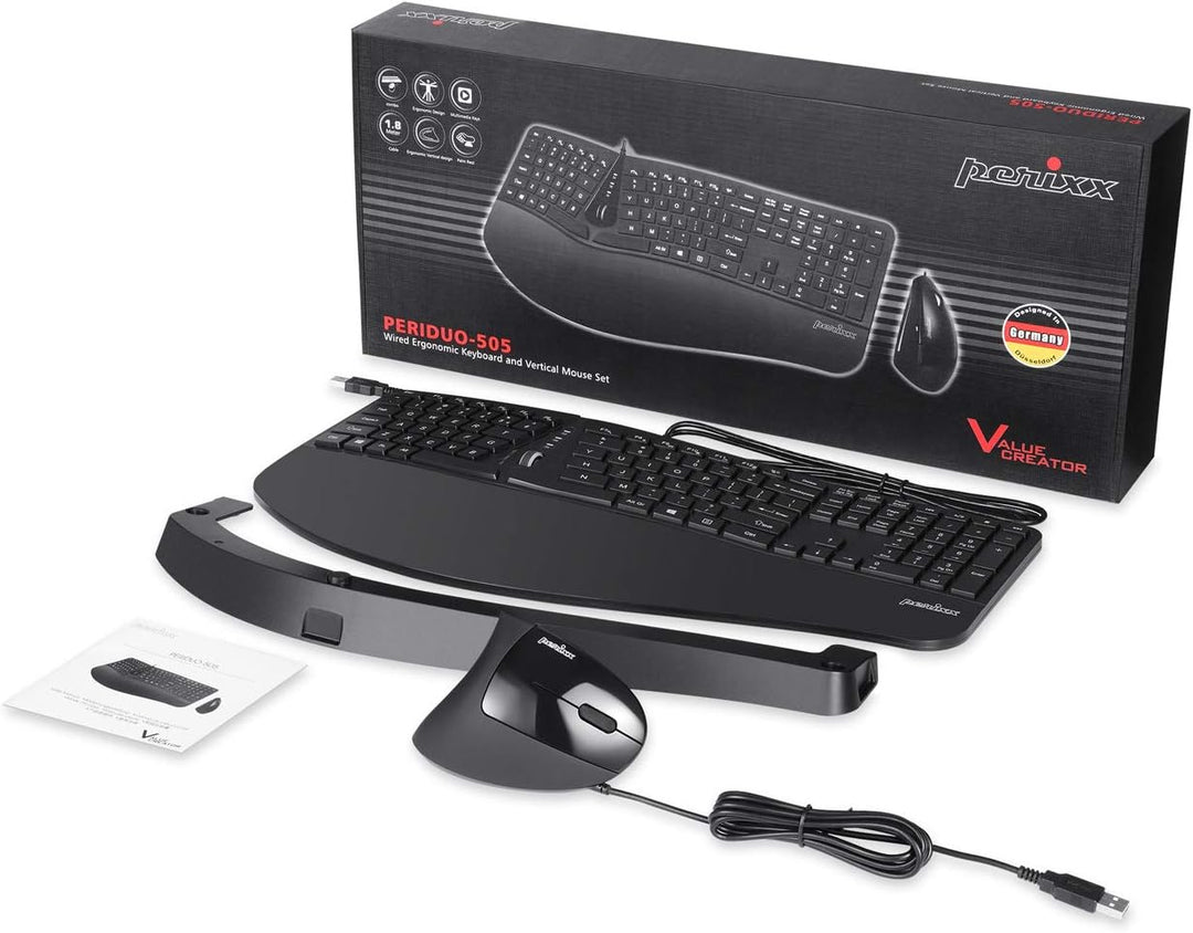 Perixx Periduo-505, Ergonomische Tastatur und Vertikale Maus Desktop Set, Geteiltes Tastenfeld, 4-We