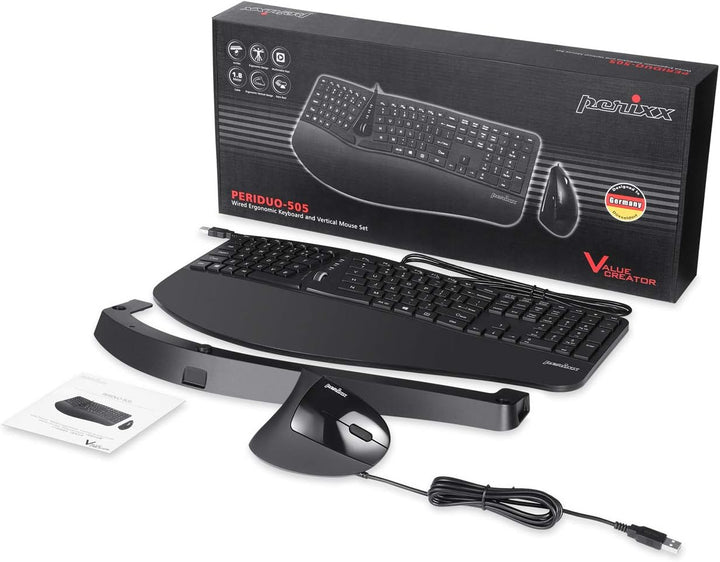 Perixx Periduo-505, Ergonomische Tastatur und Vertikale Maus Desktop Set, Geteiltes Tastenfeld, 4-We