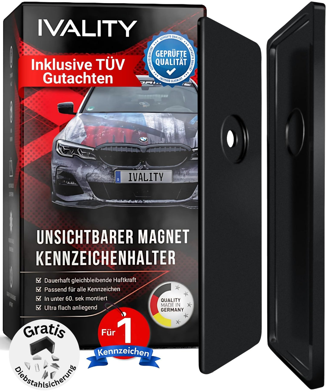 IVALITY Magnetischer Kennzeichen-Halter - Rahmenlose Nummernschild-Halterung für 1X Alu-Kennzeichen