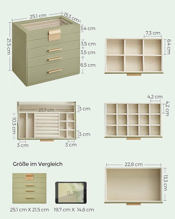 SONGMICS Schmuckkästchen, Schmuckkasten mit 4 Ebenen, Schmuckbox mit Glasdeckel, 3 Schubladen, für S