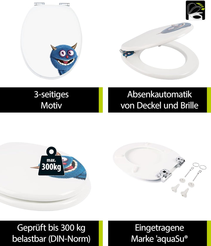 'aquaSu® WC-Sitz mit Absenkautomatik, lustiges Dekor Monster Ecky, Toilettensitz mit Holzkern & Fast