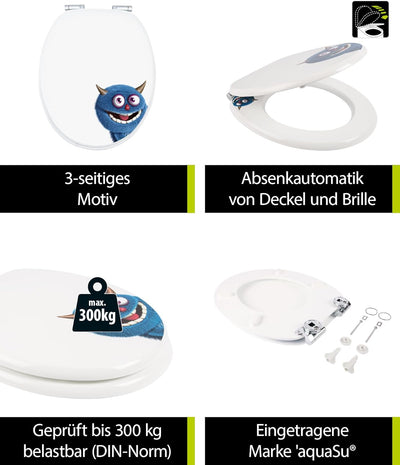 'aquaSu® WC-Sitz mit Absenkautomatik, lustiges Dekor Monster Ecky, Toilettensitz mit Holzkern & Fast