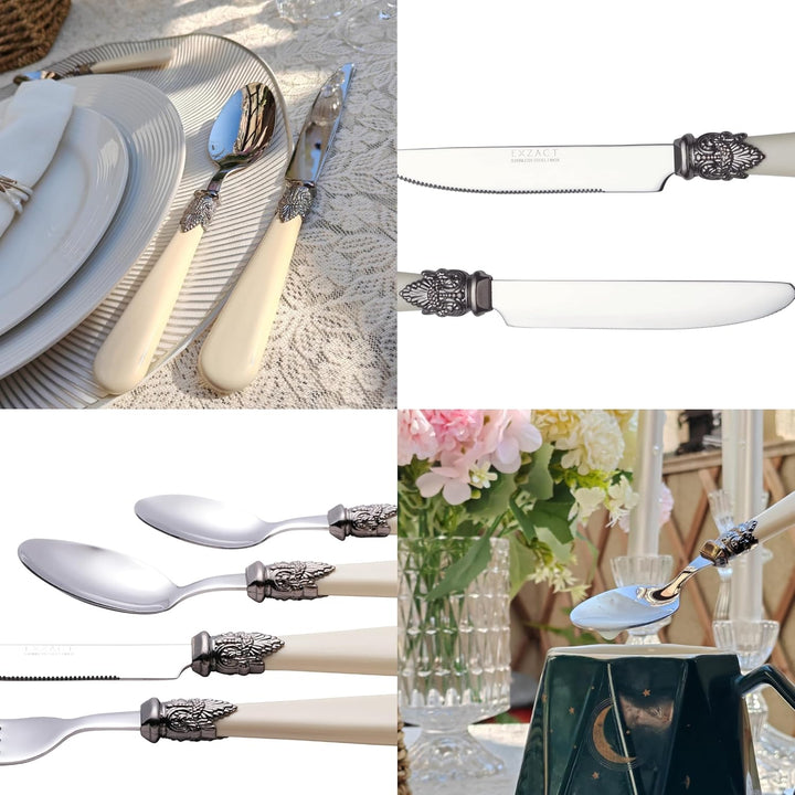 EXZACT Elfenbein Creme Besteck Set 24 Stück, Edelstahl mit detaillierten Griff, traditionelle, elega
