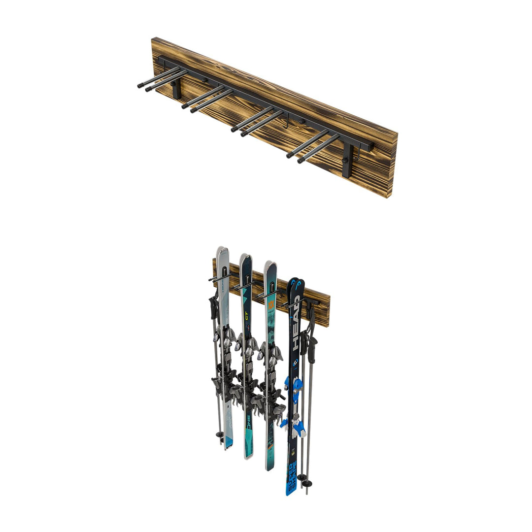 QLS Skihalterung S3 Wand Skihalter für 4 Paare 83 cm Stahl Holz hölzerne Hakenleiste Nordic Walking