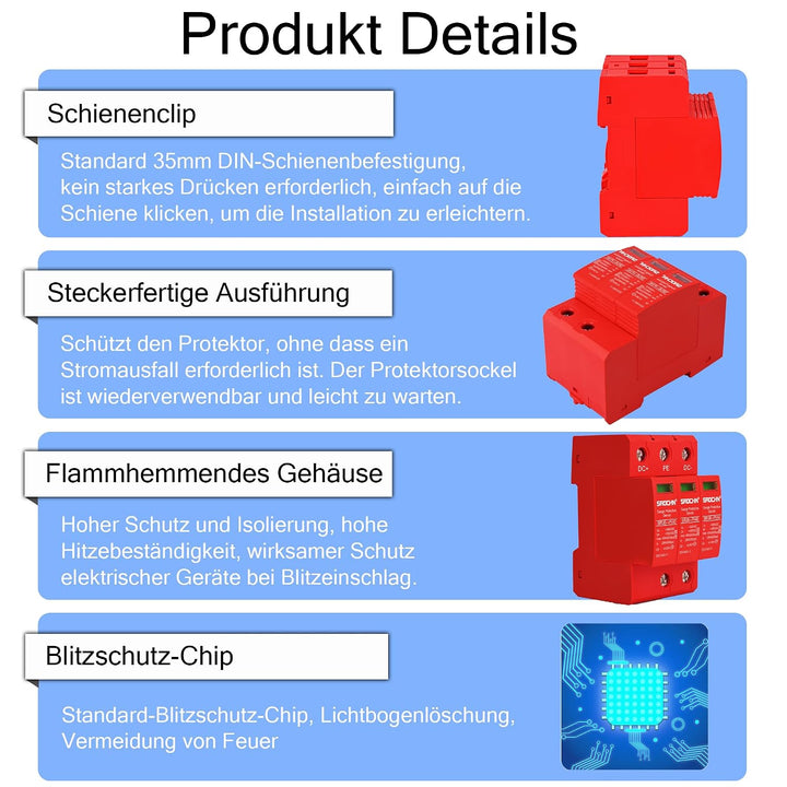 Warmfay Überspannungsschutz PV B+C (T1+T2) 3P 20-40KA, 1000V DC Photovoltaic Lightning Protector Nie