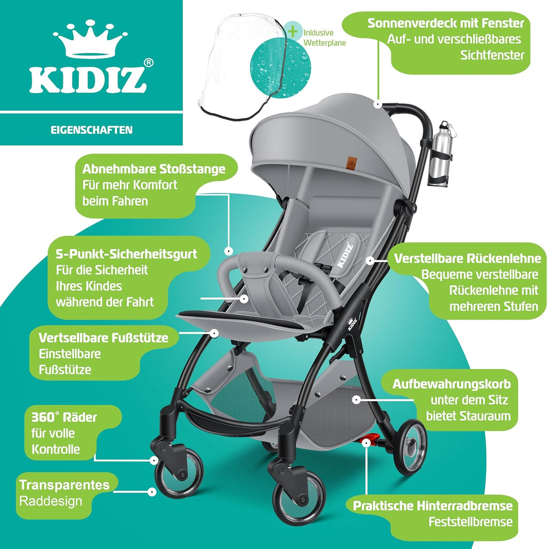 KIDIZ® Kinderwagen Premium Kinderbuggy klappbar Liegebuggy Sportwagen Faltbar 360°Räder 5-Punkt Gurt
