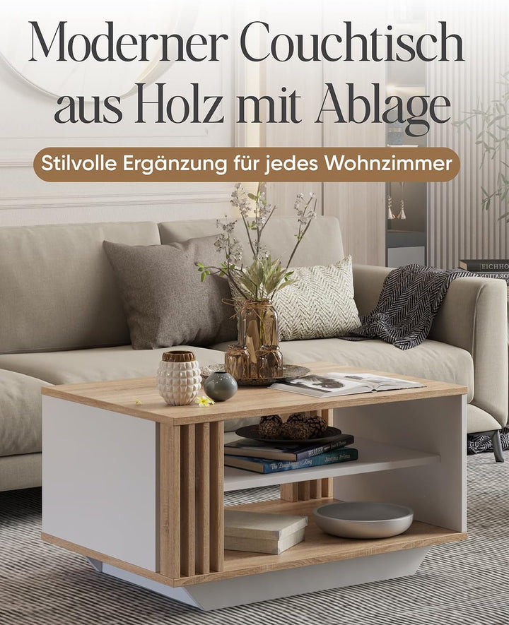 Viosimc Couchtisch, Wohnzimmertisch mit modernen Lamellen, moderner und stilvoller rechteckiger Kaff