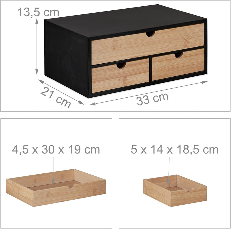 Relaxdays Schreibtisch Organizer, 3 Schubladen, Bambus & MDF, Schreibtischbutler Büro, HBT: 13,5x33x