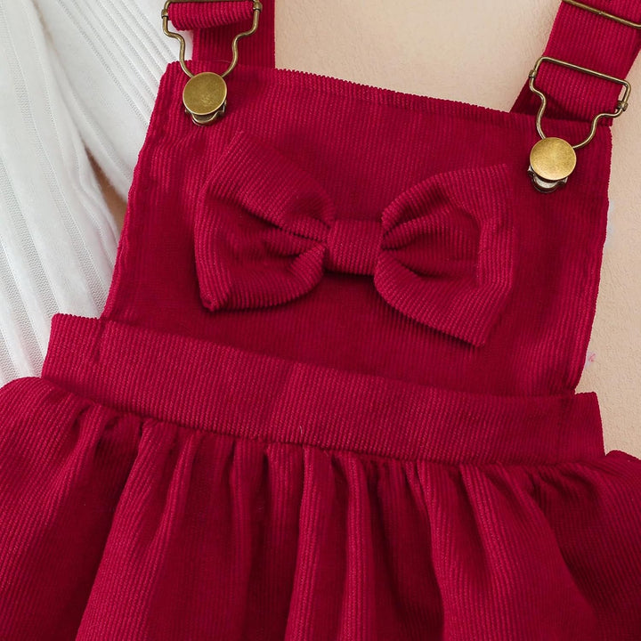 Kleinkind Baby Mädchen Kleidung Langarm Strick Rippenoberteile Schleife Cord Hosenträgerrock Kleid O