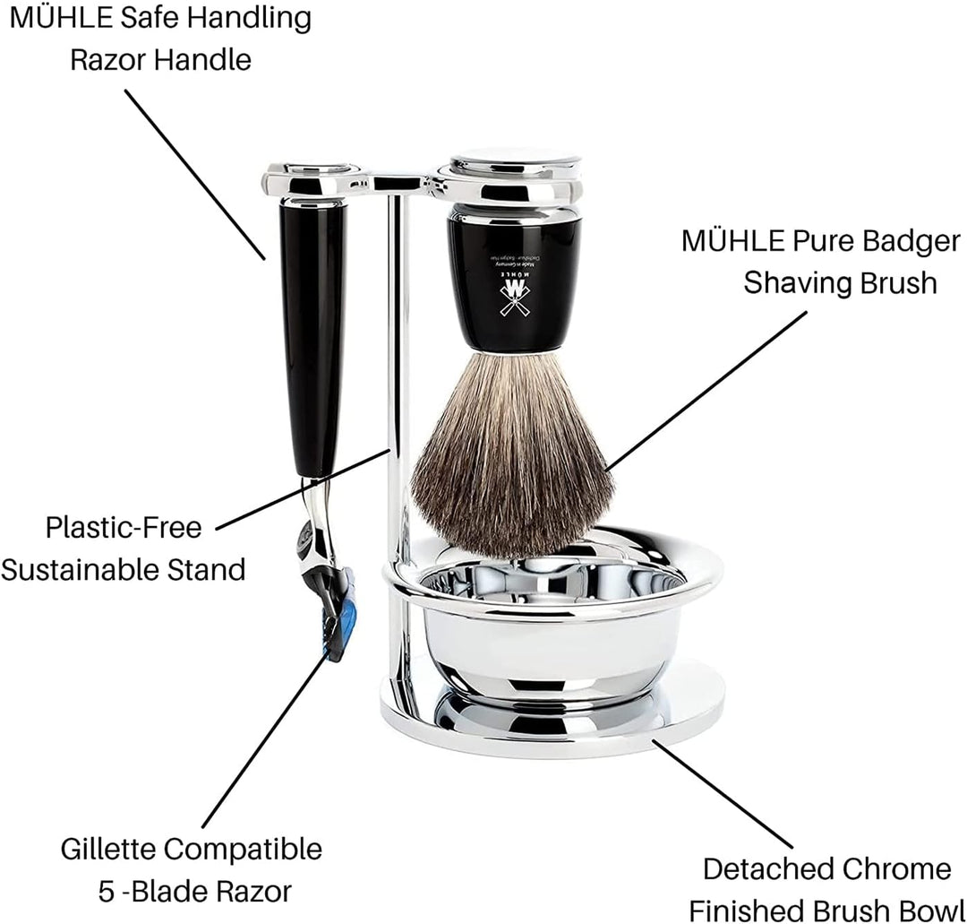 MÜHLE Rasierset mit Schale - Rytmo Serie - Reines Dachshaar - kompatibel mit Gillette-Klingen - Edel