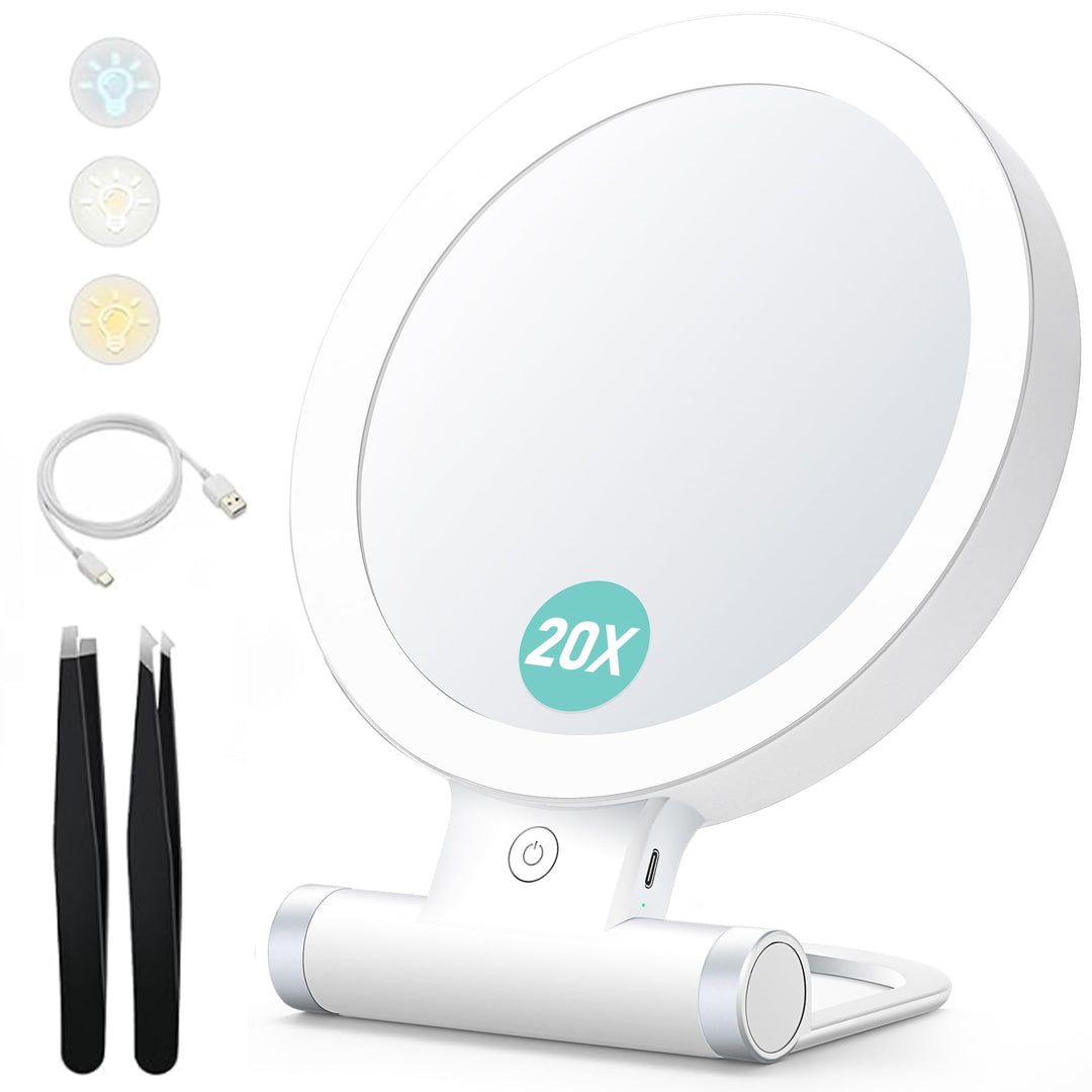 B Beauty Planet Vergrösserungsspiegel mit Licht, 20-fache/1-fach Doppelseitige Tischspiegel,3 Farbli