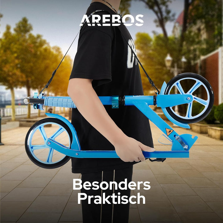 Arebos Cityroller Tretroller Scooter höhenverstellbar | klappbar | inkl. Traggurt | XXL Räder | Trit