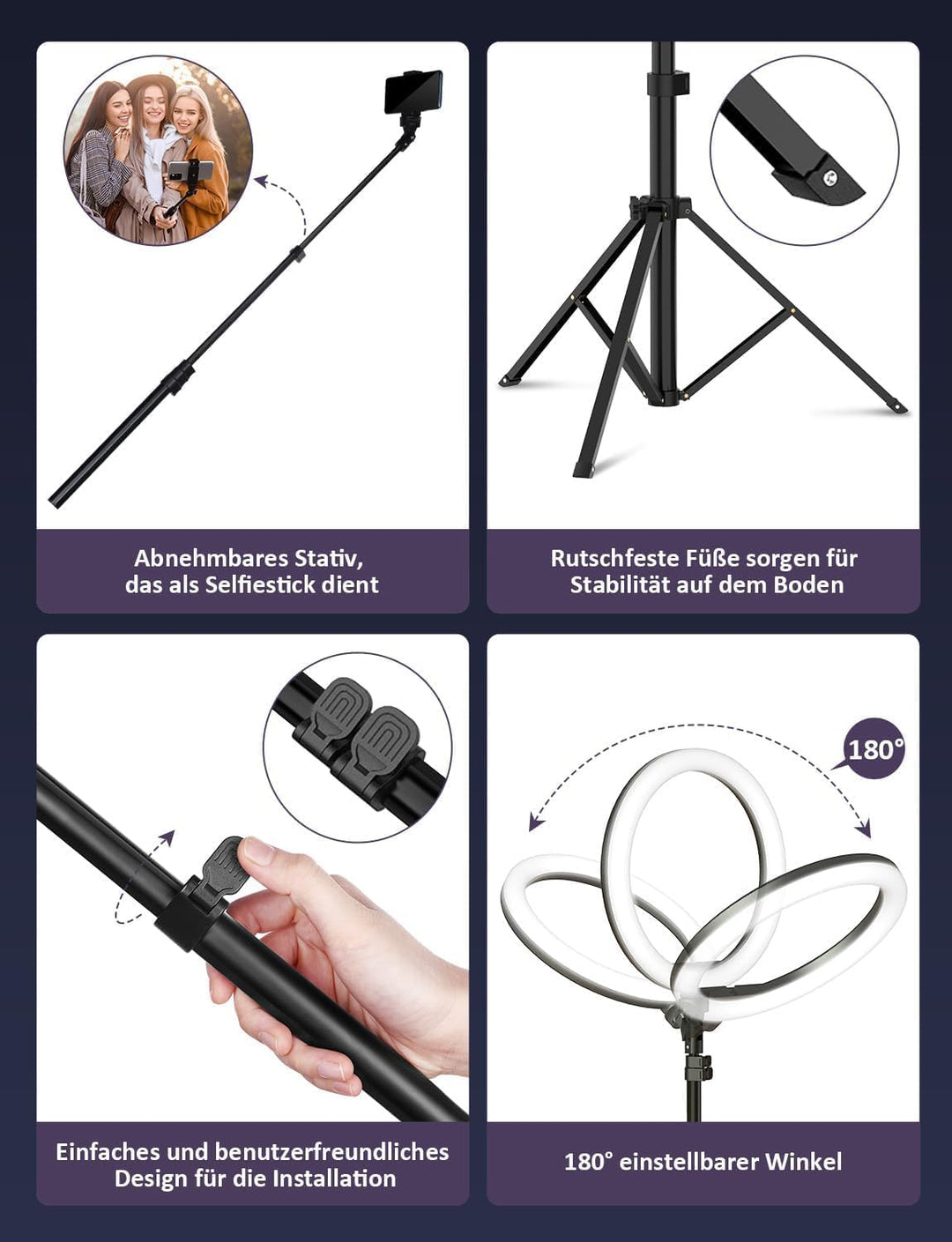 YOHOOLYO Ringlicht mit Stativ 12 Zoll Selfie Licht mit 163cm Aluminium-Dreibein 3 Lichtfarben und 10