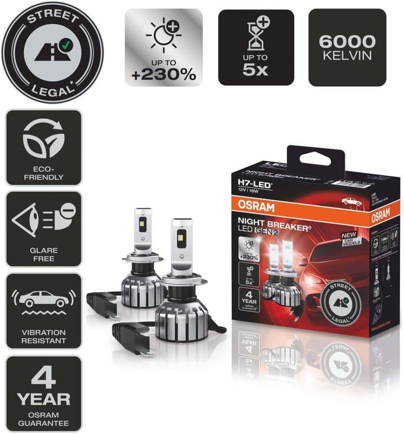 Osram NIGHT BREAKER LED H7 GEN 2, Fern- und Abblendlicht mit Strassenzulassung, 12V, bis zu 230% meh