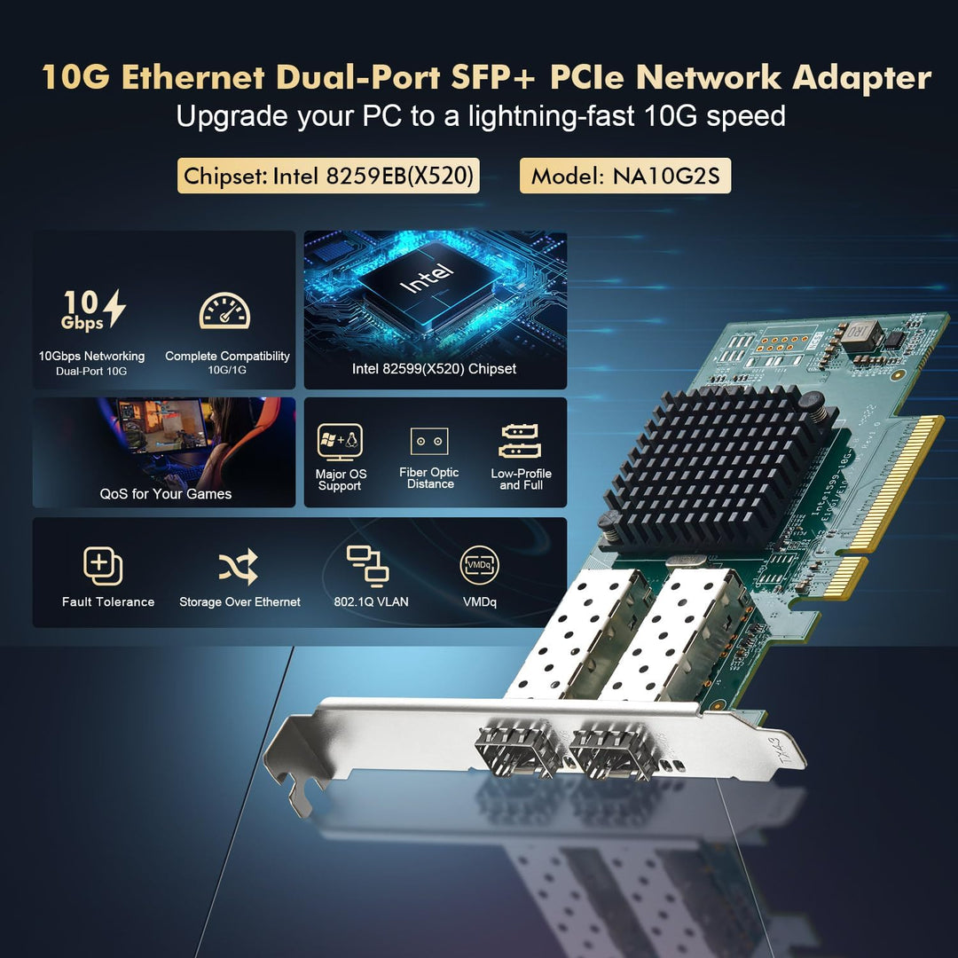 Binardat 2 Port 10G SFP+ PCIe Netzwerk Adapter, Intel X520 82599 LAN Controller, 10G/1G/100Mbps SFP+