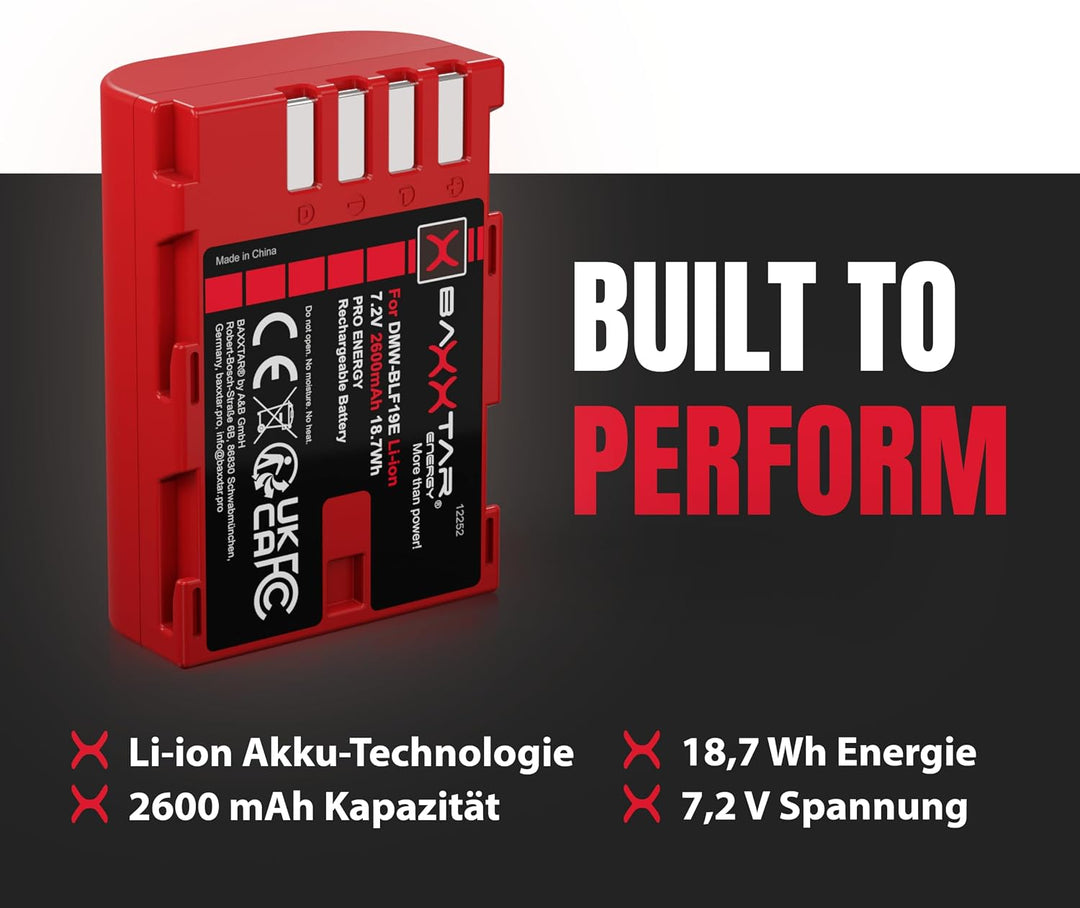 Baxxtar Pro Akku DMW-BLF19E 2400mAh für Panasonic Lumix GH5 GH5S GH4 G9 GH3 Ersatzakku - kompatibel
