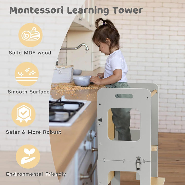 labebe Lernturm für Kinder, Montessori Learning Tower mit Tafel, Multifunktion 3 in 1 Faltbarer Lern