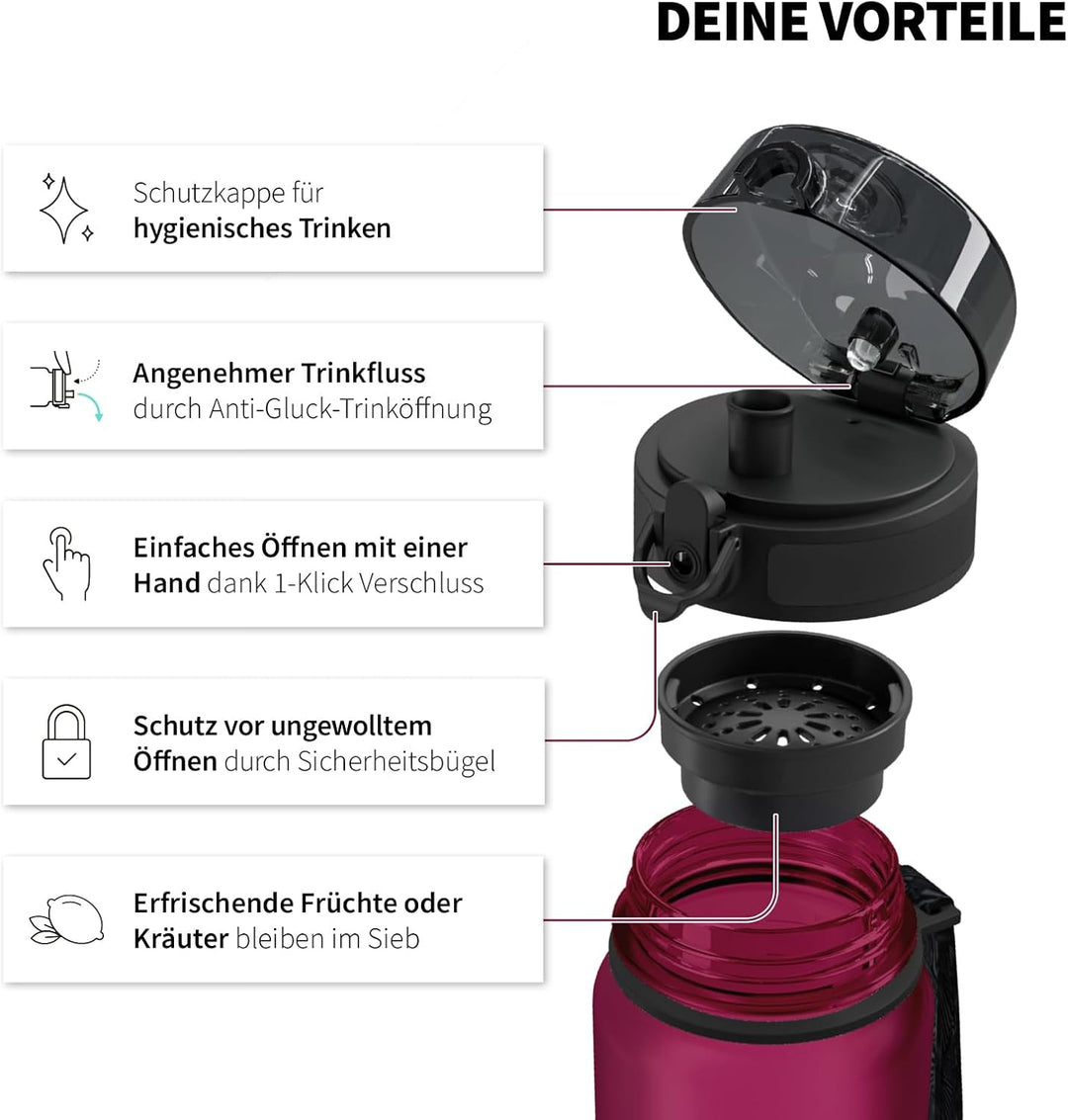 720°DGREE Trinkflasche 1l mit Motiv “uberBottle“ +Sieb - Auslaufsicher, Leicht, BPA-Frei, Bruchsiche