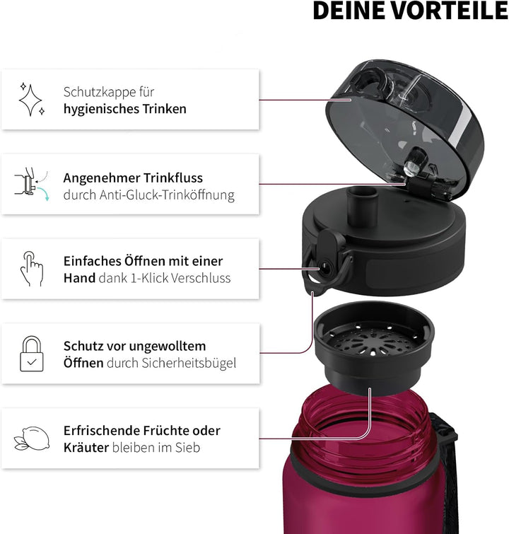 720°DGREE Trinkflasche 1l mit Motiv “uberBottle“ +Sieb - Auslaufsicher, Leicht, BPA-Frei, Bruchsiche