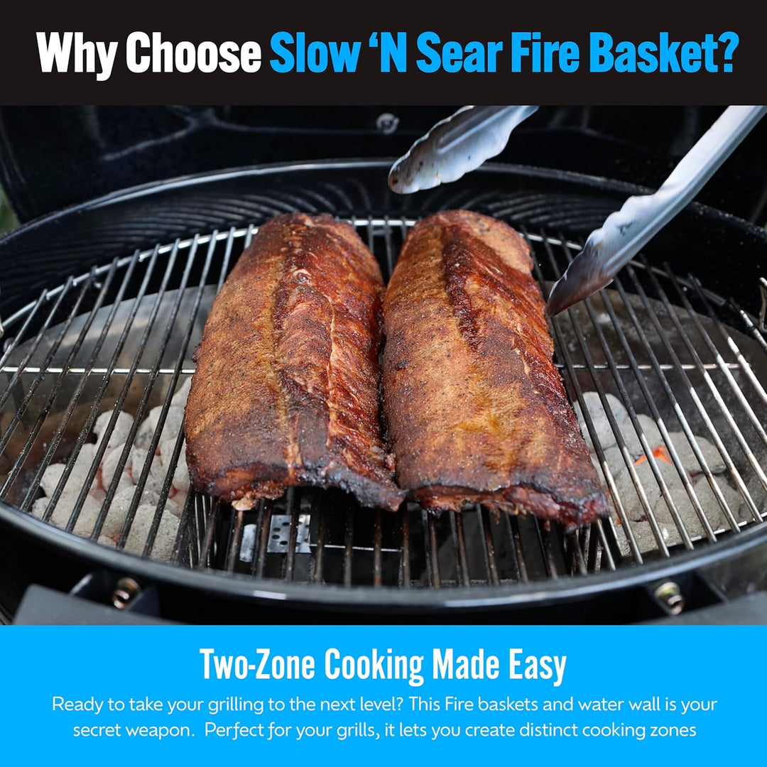 SnS Grills Slow 'N Sear Holzkohle-Feuerkörbe mit Wasserwanne – Grosse Kapazität Heavy Duty Edelstahl