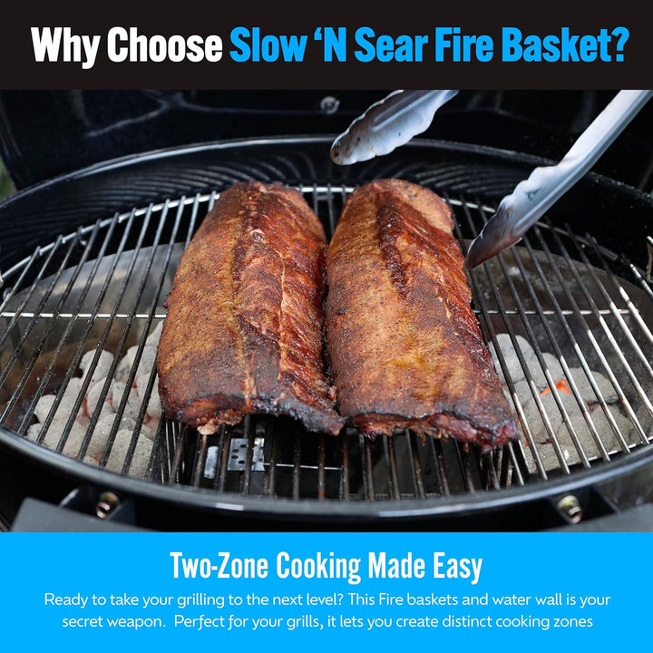 SnS Grills Slow 'N Sear Holzkohle-Feuerkörbe mit Wasserwanne – Grosse Kapazität Heavy Duty Edelstahl