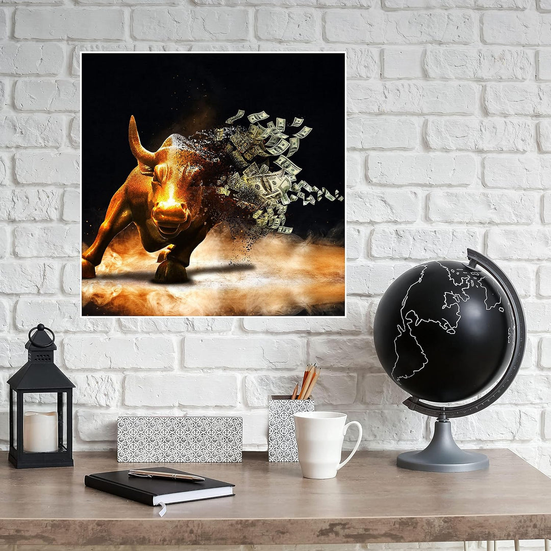 wandmotiv24 Poster als Wanddeko, Grösse 50x50cm, Goldener Stier, Dollar, Geldscheine, Geld, Tier, Mo