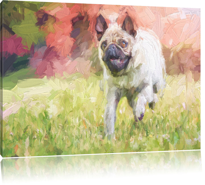 Pixxprint Rennender Mops Kunst / 100x70cm Leinwandbild bespannt auf Holzrahmen/Wandbild Kunstdruck D