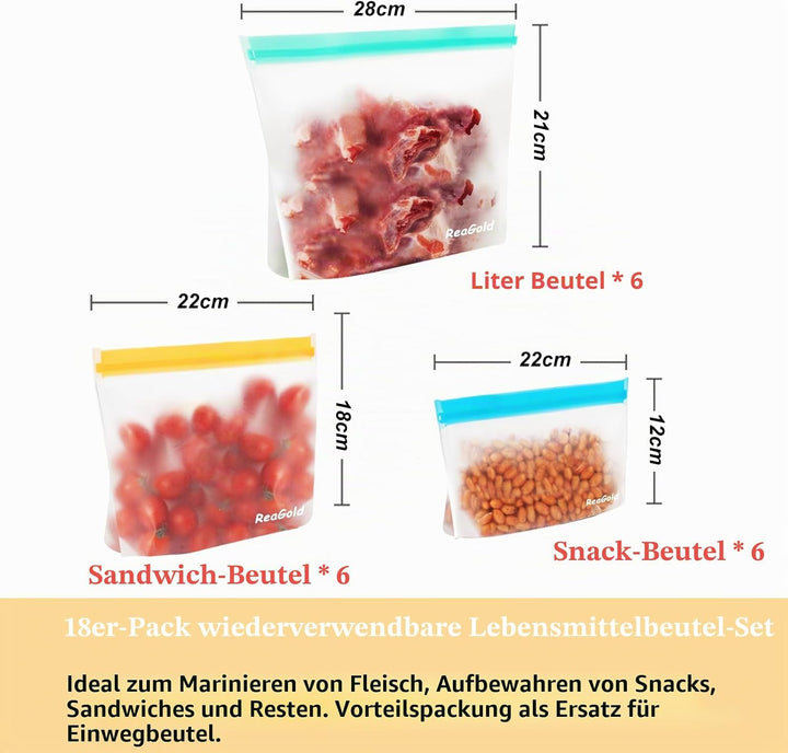 18 Stück Gefrierbeutel Wiederverwendbar, Gefrierbeutel Zipper, Ziplock Beutel Silikon Wiederverwendb