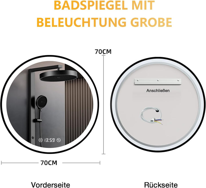 LED Spiegel mit Uhr - 70cm Runder Spiegel mit Beleuchtung Antibeschlag, Dimmbar, 3 Lichtfarben, Ener