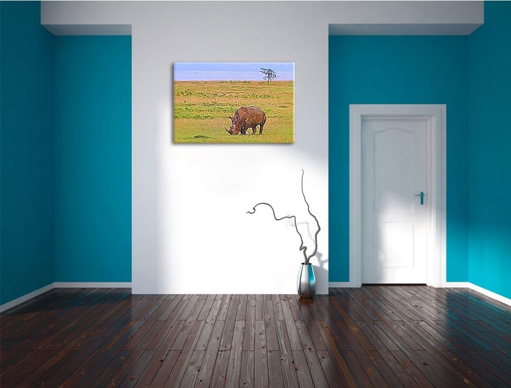 grosses Nashorn beim Fressen Spezial Format: 100x70 cm auf Leinwand, XXL riesige Bilder fertig gerah
