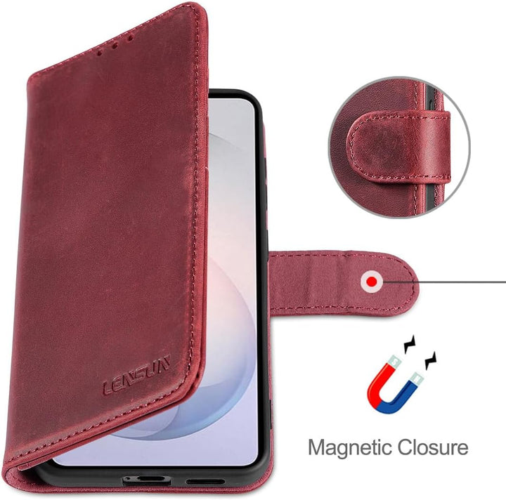 LENSUN Lederhülle für Samsung Galaxy S26, Echtleder Handyhülle [Brieftasche][RFID Schutz][Standfunkt