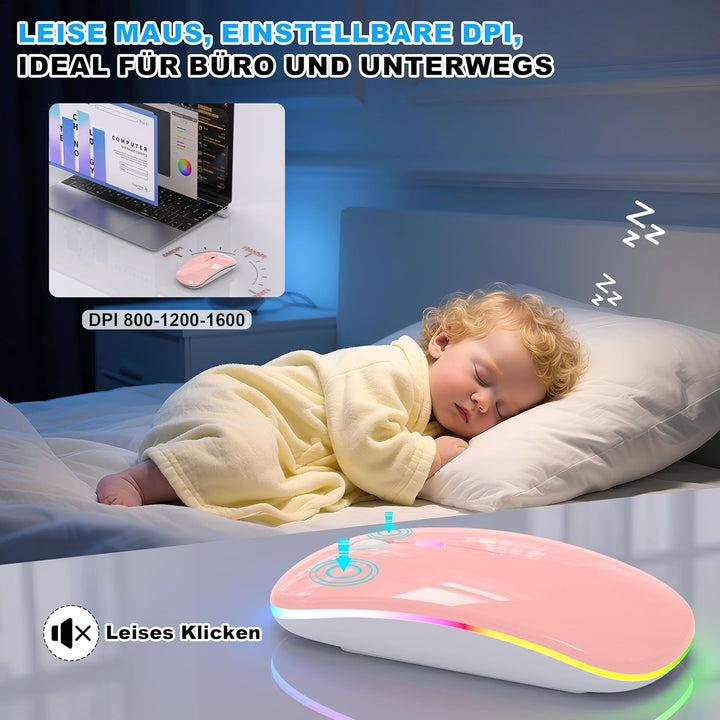 LED Bluetooth Maus Kabellose, Wiederaufladbare Maus für iPad MacBook PC Laptop Computer, Tragbare Sc
