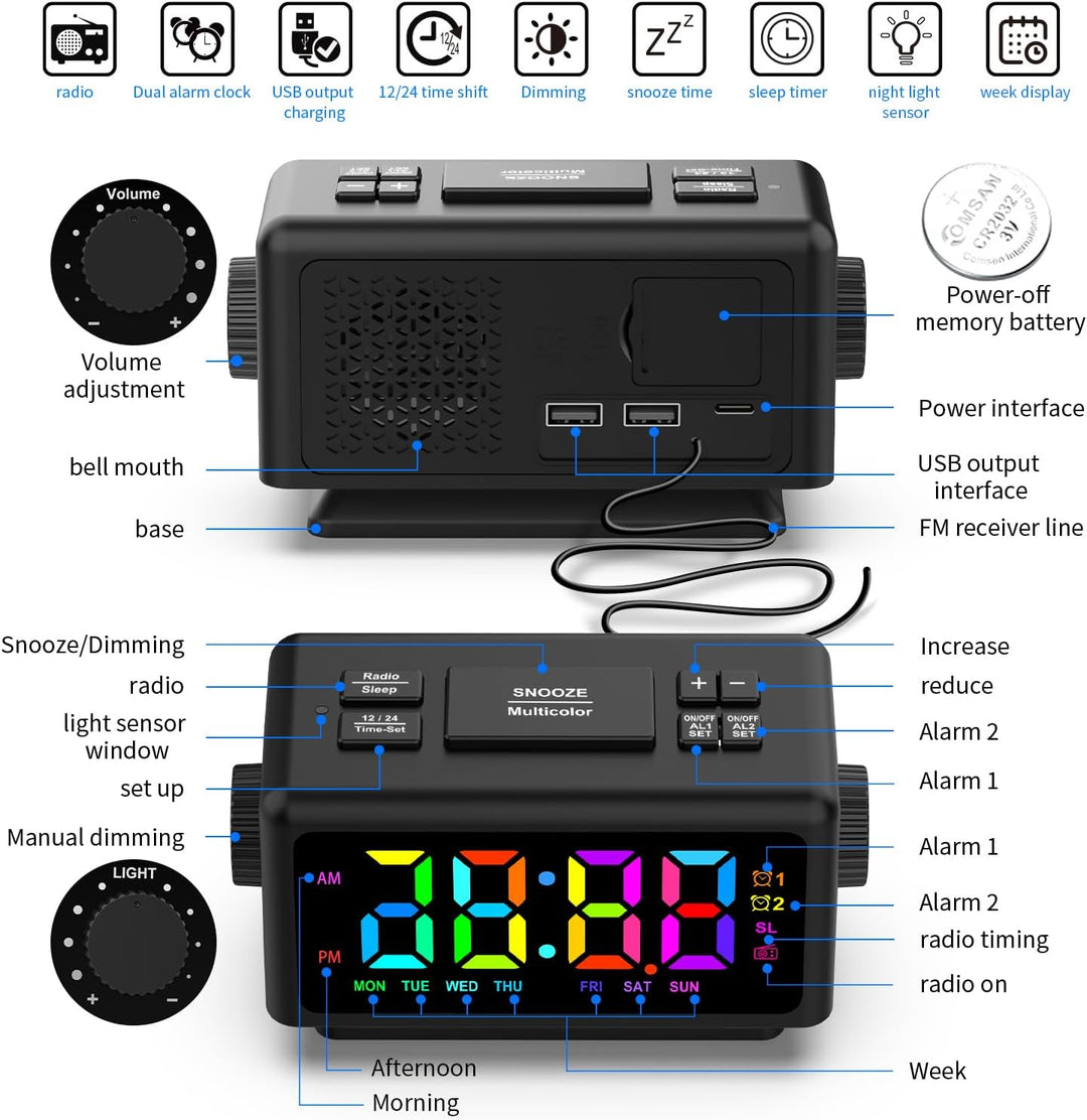 ThreeH Digitaler Wecker FM Radio Bunte Wecker Nachttisch Digitaluhr für Kinder Jugendliche Helligkei