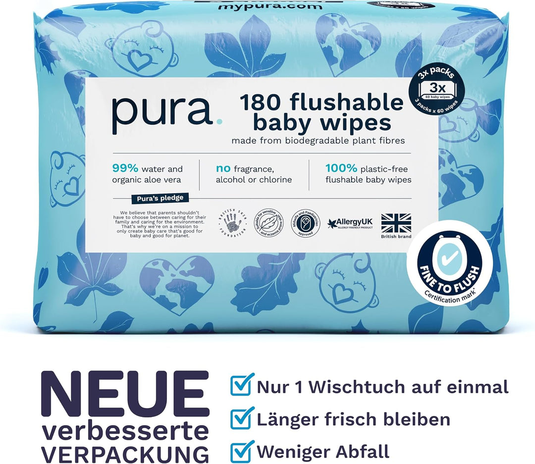 Pura Spülbare Öko-Baby-Feuchttücher für empfindliche Babyhaut, 180 Tücher (3 x 60 Tücher), 99% Wasse