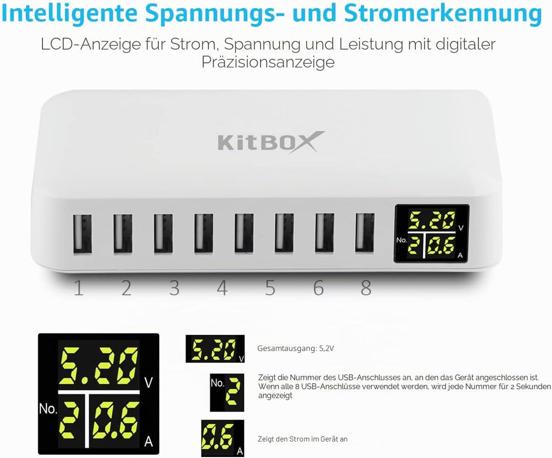 USB Ladegerät Mehrfach mit Display LED 40W USB Multi Ladegerät mit Stecker USB Ladeleiste Power Lade