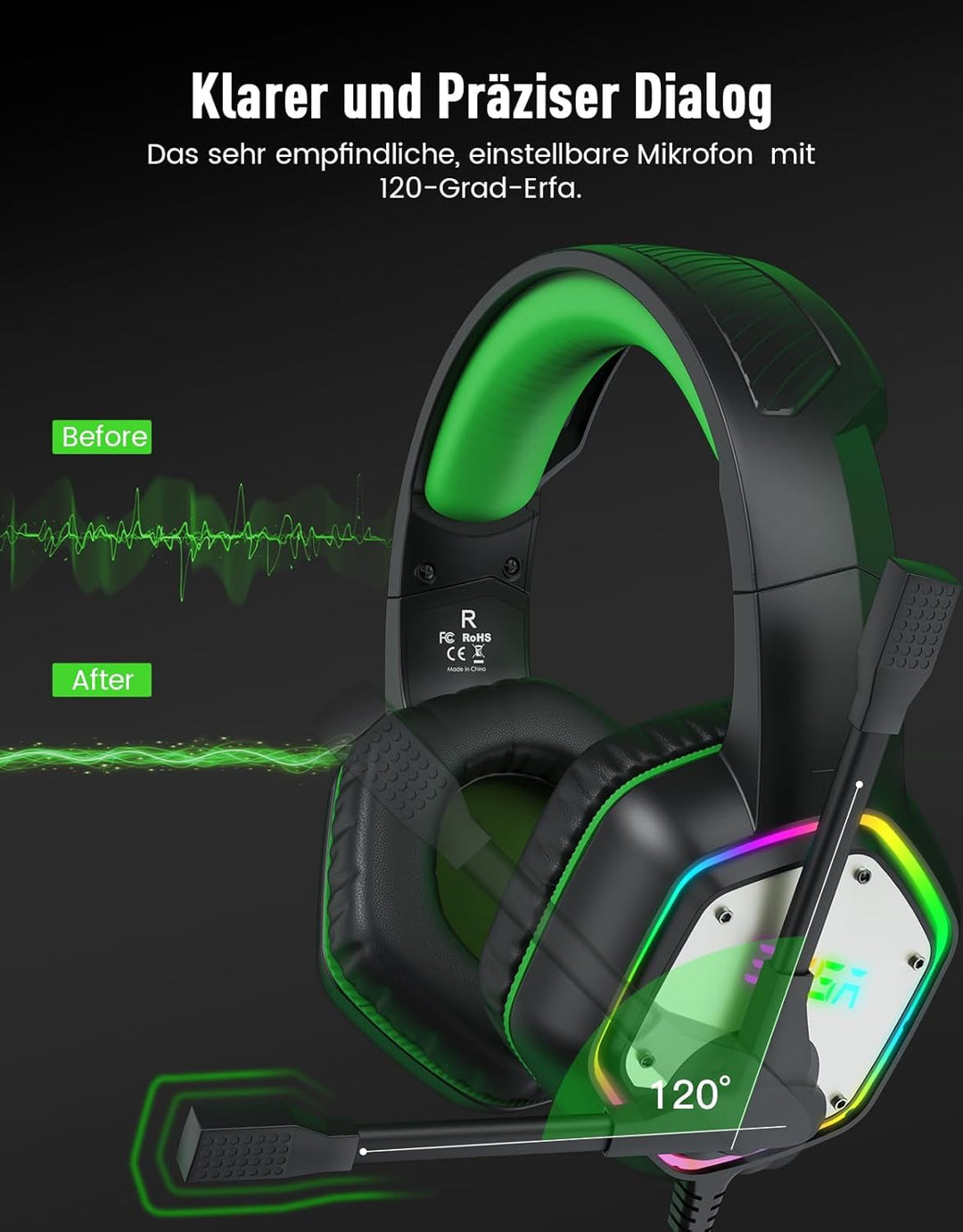 EKSA E1000 USB PC Gaming Headset mit Mikrofon, Gamer Headset mit Bass Surround Sound, RGB Beleuchtun