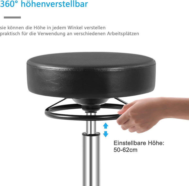 Rollhocker höhenverstellbar mit Rollen - 50-62cm，bis 180 kg belastbare Arbeitshocker，360° Drehhocker