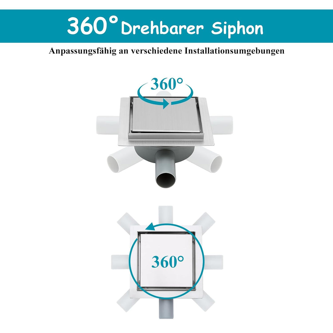 150 x 150 mm Duschrinne Quadratisch Edelstahl Bodenablauf mit 360° Siphon Geruchsstop, Haarfilter 2