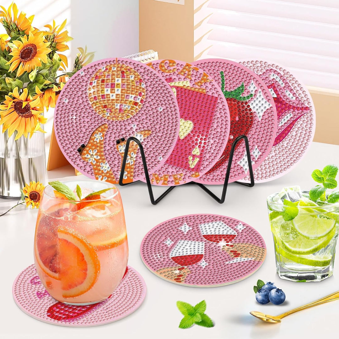 NAIMOER 8 Stück Rosa Vintage Diamond Painting Untersetzer mit Halter, DIY Rosa Boho Diamant Tassenun