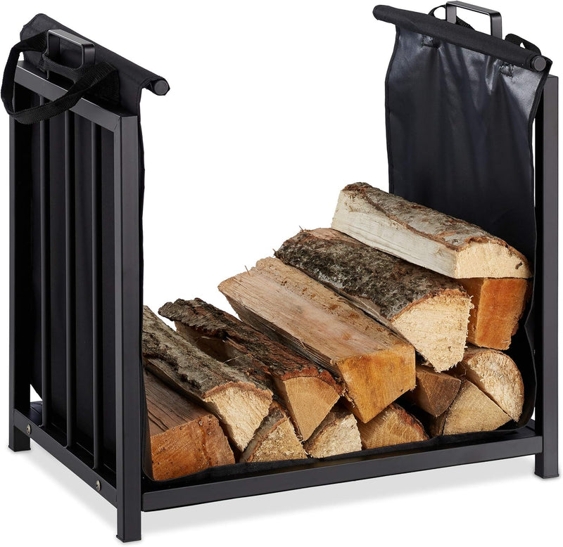 Relaxdays Kaminholzständer mit Holztragetasche, für innen, modernes Design, Kaminregal Stahl, HBT: 5