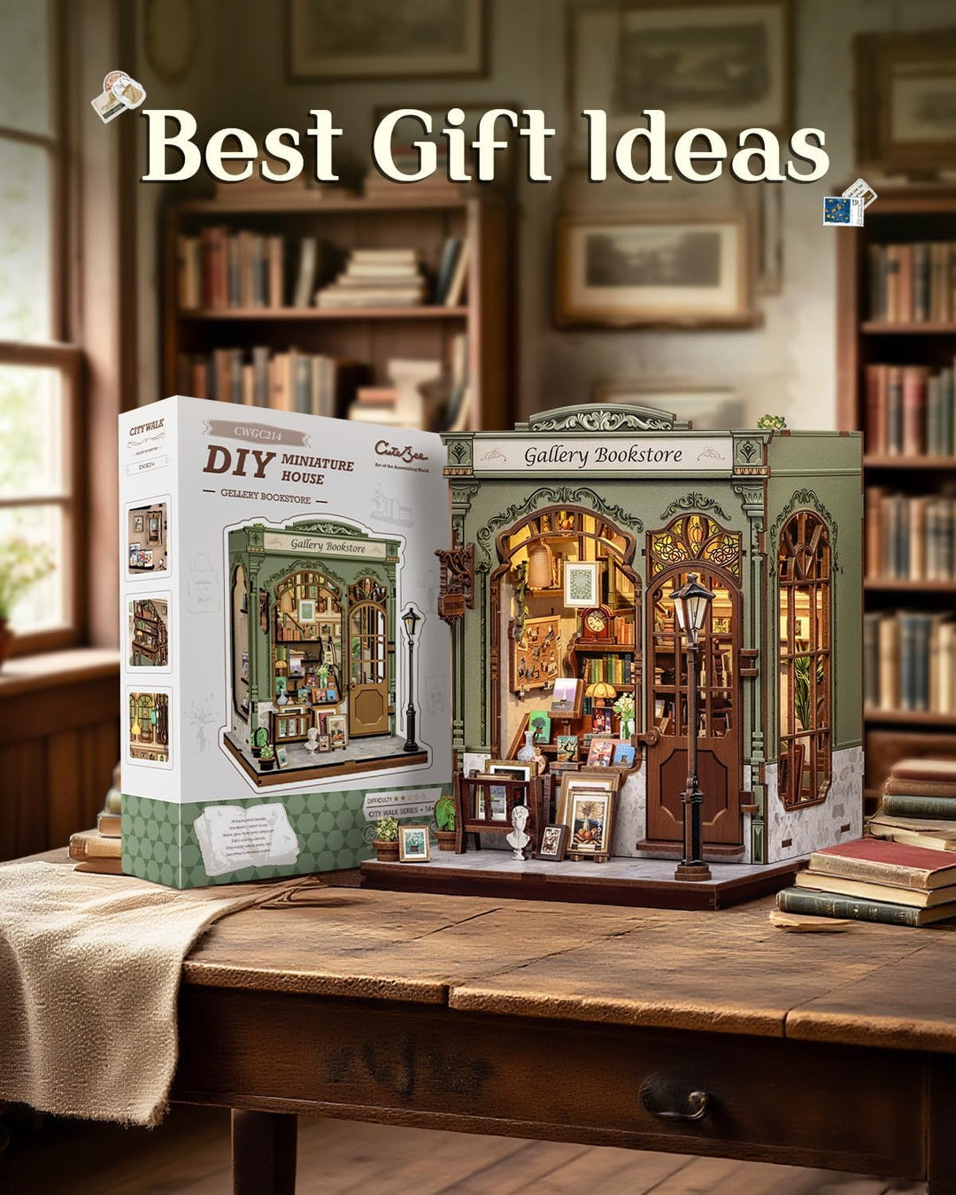 CUTEBEE Book Nook Kit - DIY Holz-Miniaturhaus (Buchladen-Szene) mit LED-Beleuchtung, 3D Puzzle für B