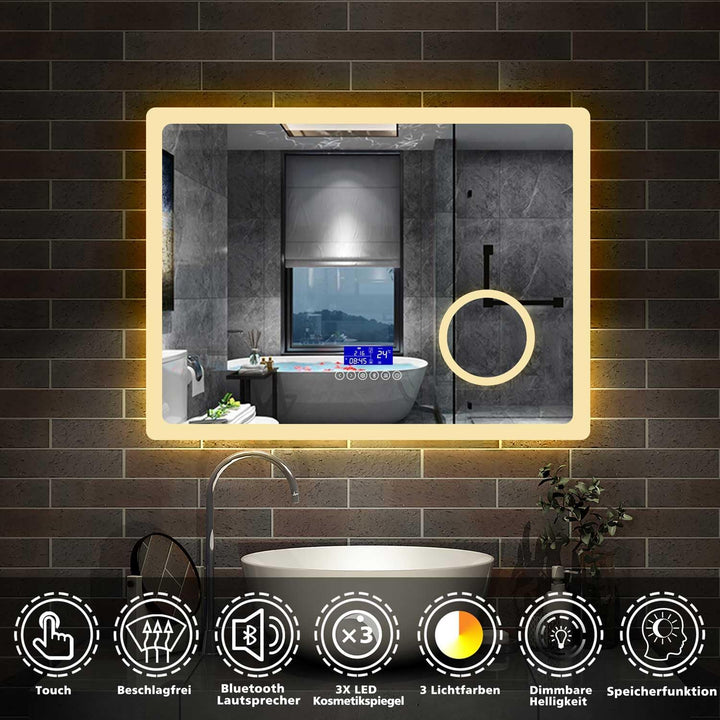 Aica Sanitär LED Badspiegel 80×60cm 2 Lichtfarbe 2700/6000K Wandspiegel mit Bluetooth, Uhr, Touch, B