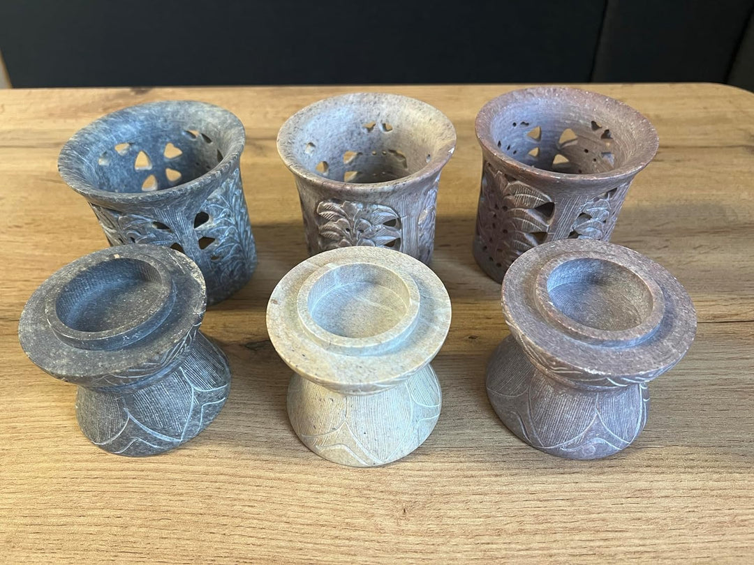 Bitto Weihrauchbrenner Windlicht Softstone Madurai Höhe 13 cm, Ø 9 cm mit Edelstahlsieb Ø 9 cm Fair