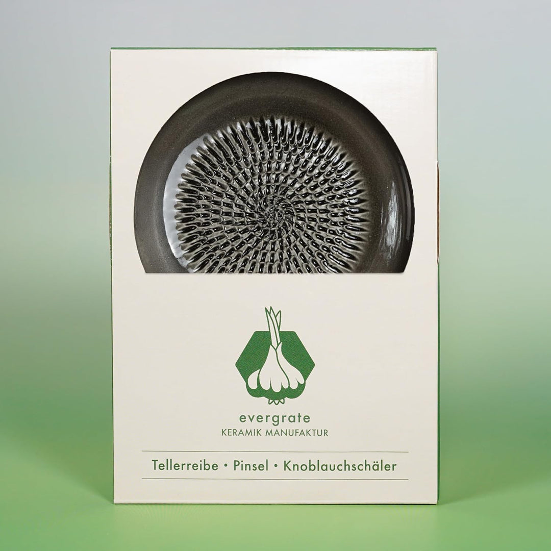 Evergrate® Keramikreibe Anthrazit mit Geschenkbox – mit Reibe, Knoblauchschäler, Rezeptheft & Pinsel