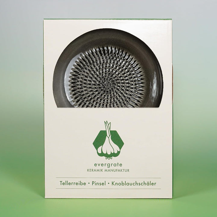 Evergrate® Keramikreibe Anthrazit mit Geschenkbox – mit Reibe, Knoblauchschäler, Rezeptheft & Pinsel