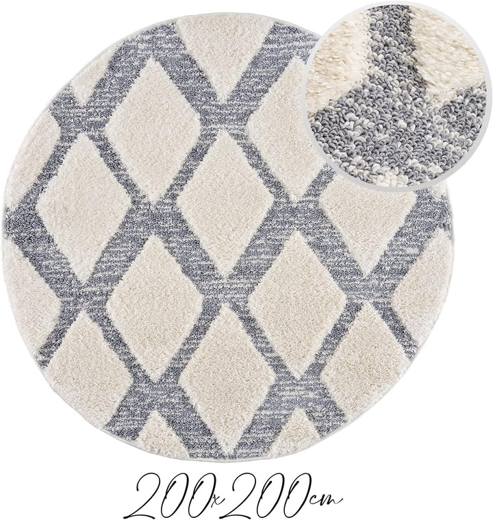payé Teppich Rund - Skandinavisch Hochflor- 200x200cm - Boho - Pastell Cream Grau - Modern Raute Mus